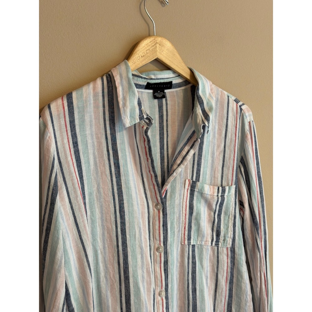 Sanctuary Boyfriend Shirt Womens Medium Linen Blend Striped Button Down - Picture 2 of 7